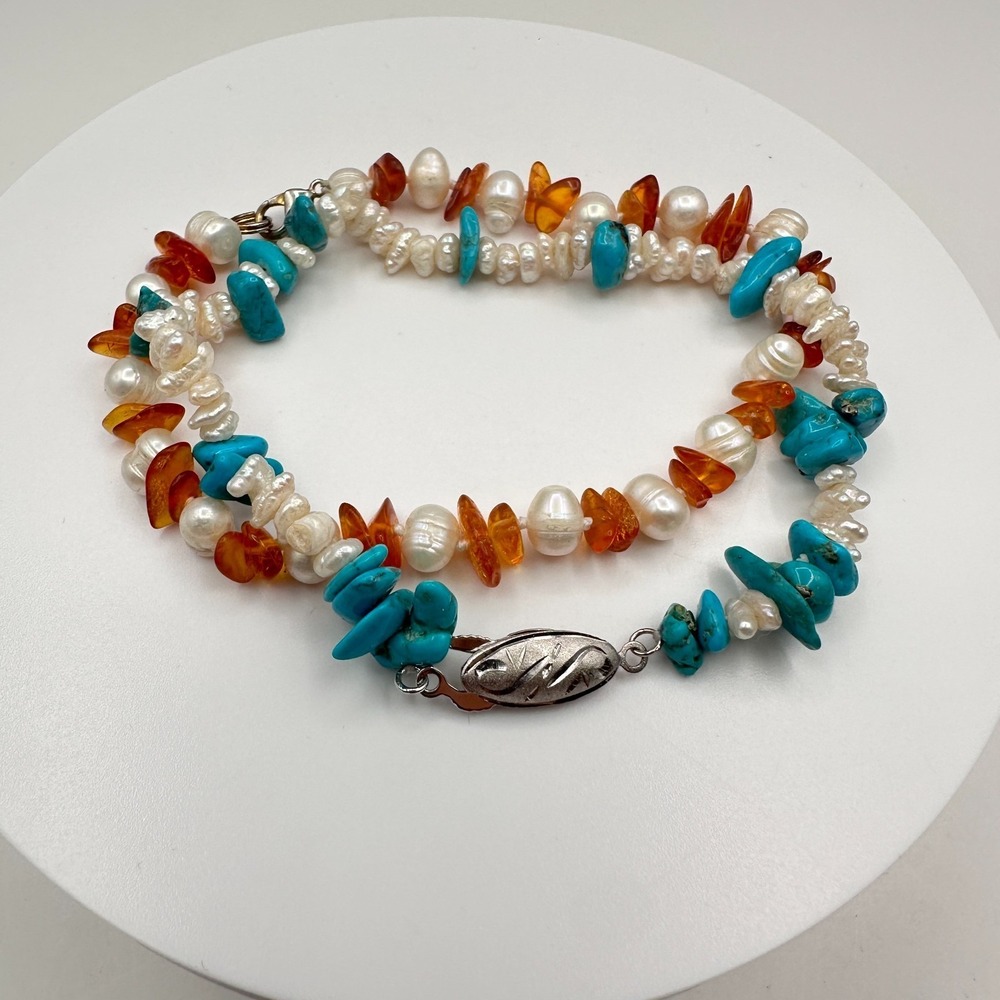 Vintage 90s Multi-Stone Pearl Turquoise Amber Bracelet Set Silver Jewelry